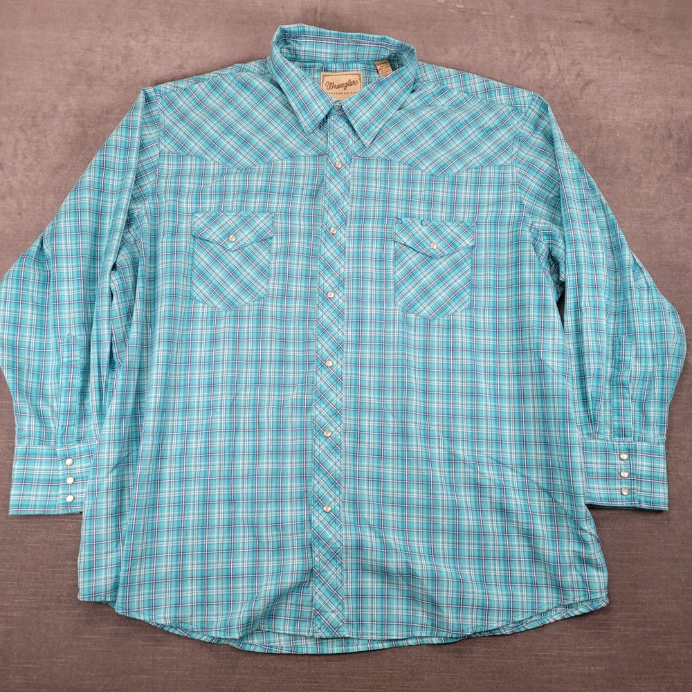 Wrangler Western Shirt Plaid Turquoise Long Sleeve Cowboy 3XL‎